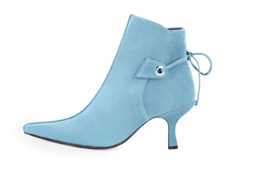 Sky blue women's ankle boots with laces at the back. Pointed toe. High spool heels. Profile view - Florence KOOIJMAN